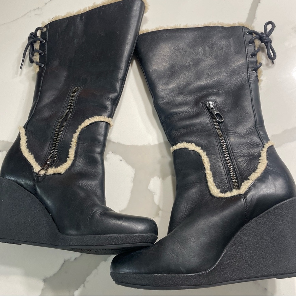 Black and White Heeled Boots with Wedge Heel